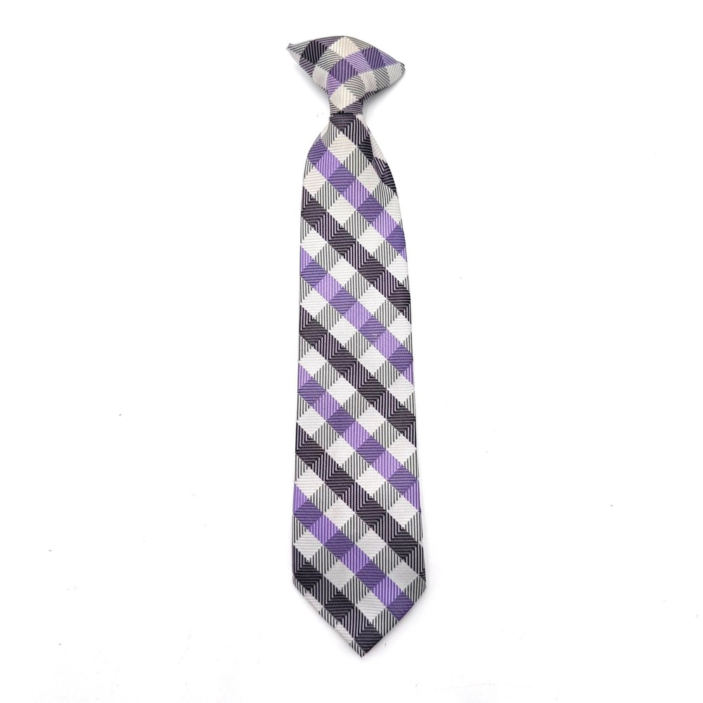 Boys Purple Grey Plaid Clip-On Necktie 11 Inch Geometric Pattern Tie